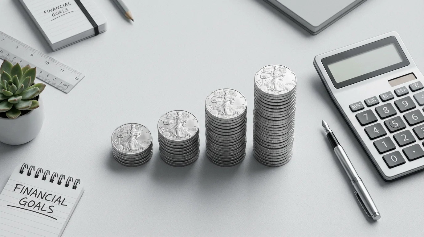 A flat lay of coin stacks increasing in height, a calculator, and a pen.
