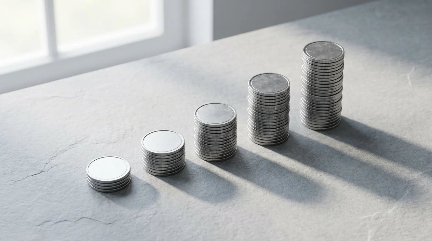 A flat lay of coin stacks increasing in height, symbolizing financial growth over time.