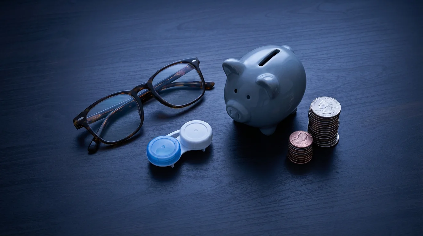 A flat lay of eyeglasses, a piggy bank, and coins on a desk.