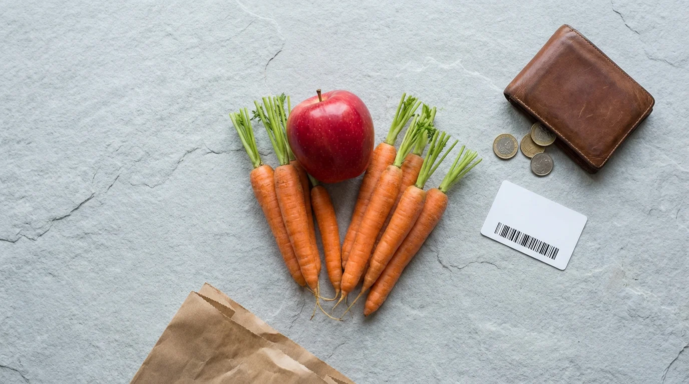 A flat lay of fresh groceries, a wallet with coins, and a store loyalty card.