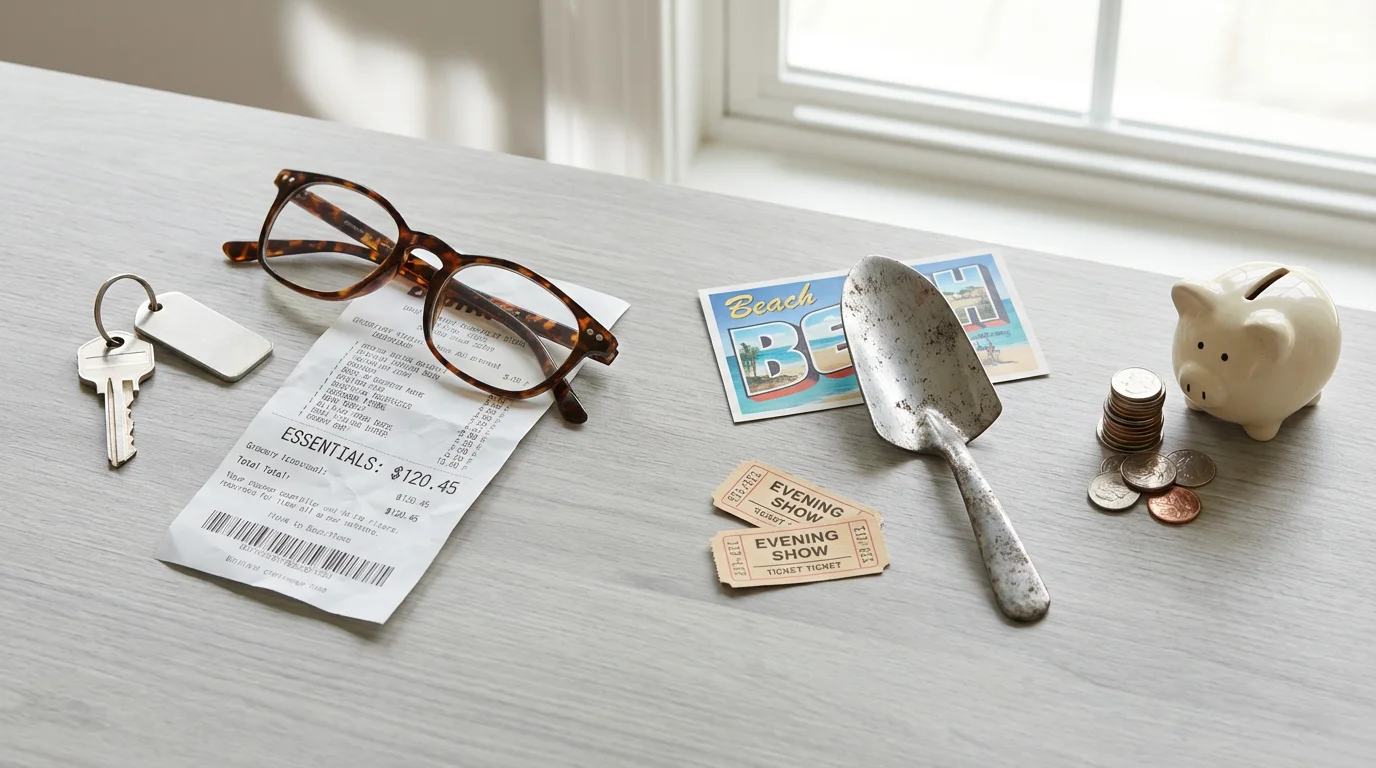 A flat lay of items like keys, postcards, and a piggy bank representing retirement budgeting.