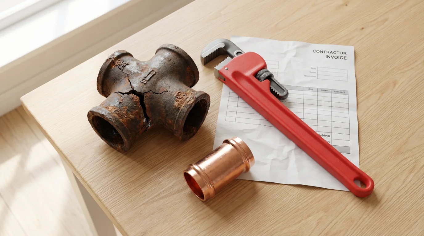 A flat lay of new and broken pipe fittings, a wrench, and an invoice.