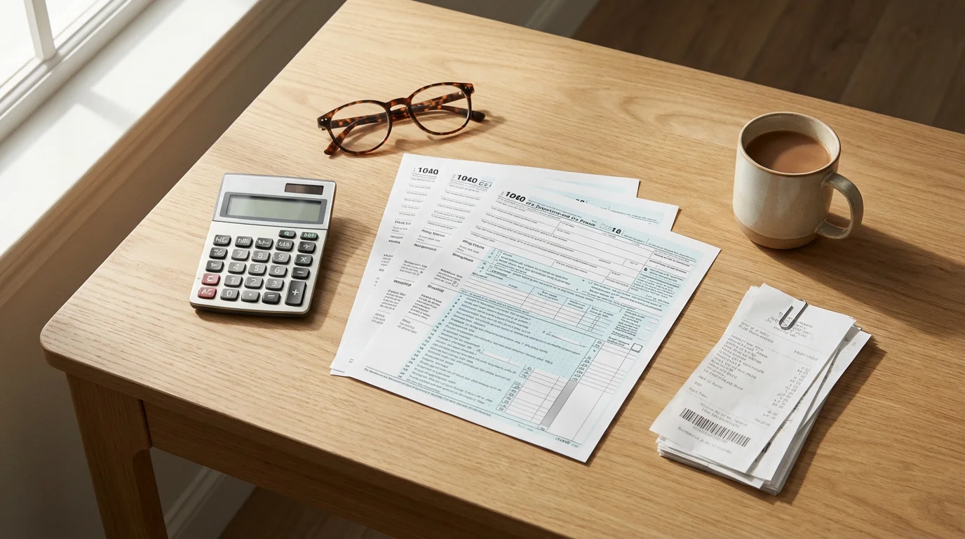 A flat lay of organized tax preparation items including glasses, a calculator, and forms.