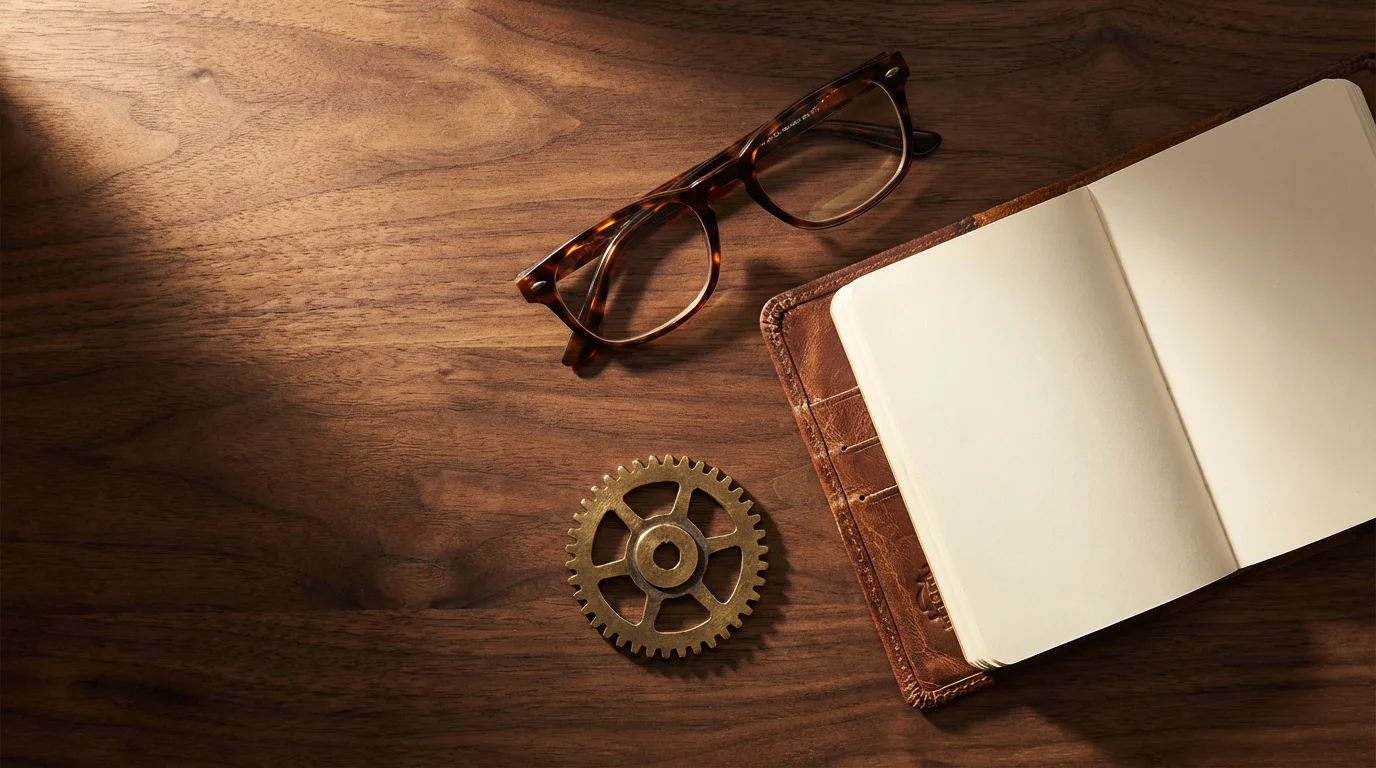 A flat lay of reading glasses, a blank planner, and a brass cog representing retirement planning.