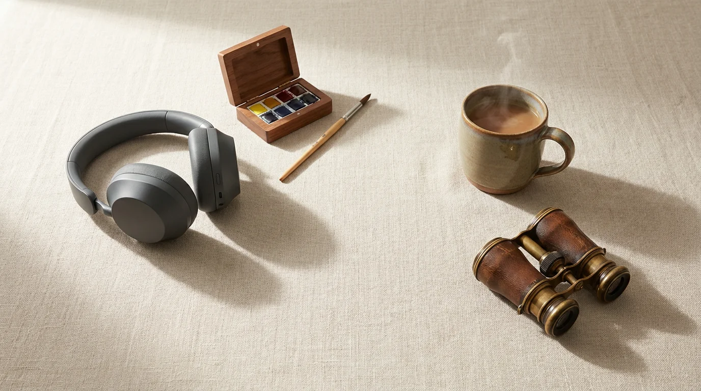 A flat lay of retirement hobby items: headphones, paints, a mug, and binoculars.