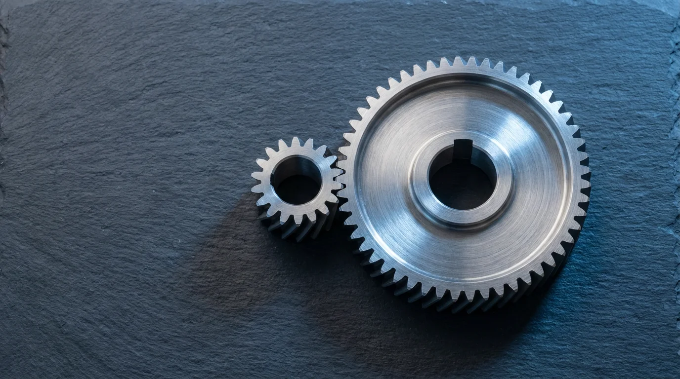A flat lay of two different-sized, non-interlocking metal gears on a slate background.