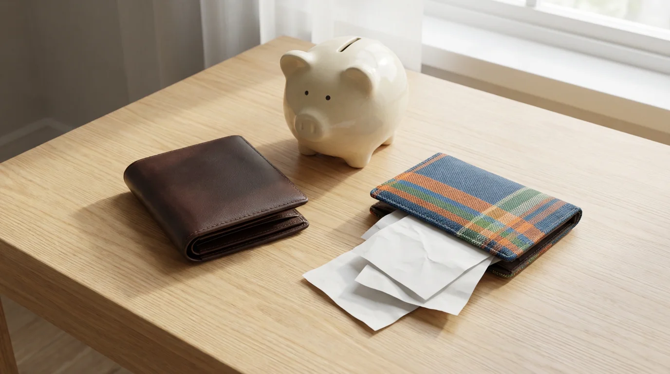 A flat lay of two different wallets and a piggy bank on a table.