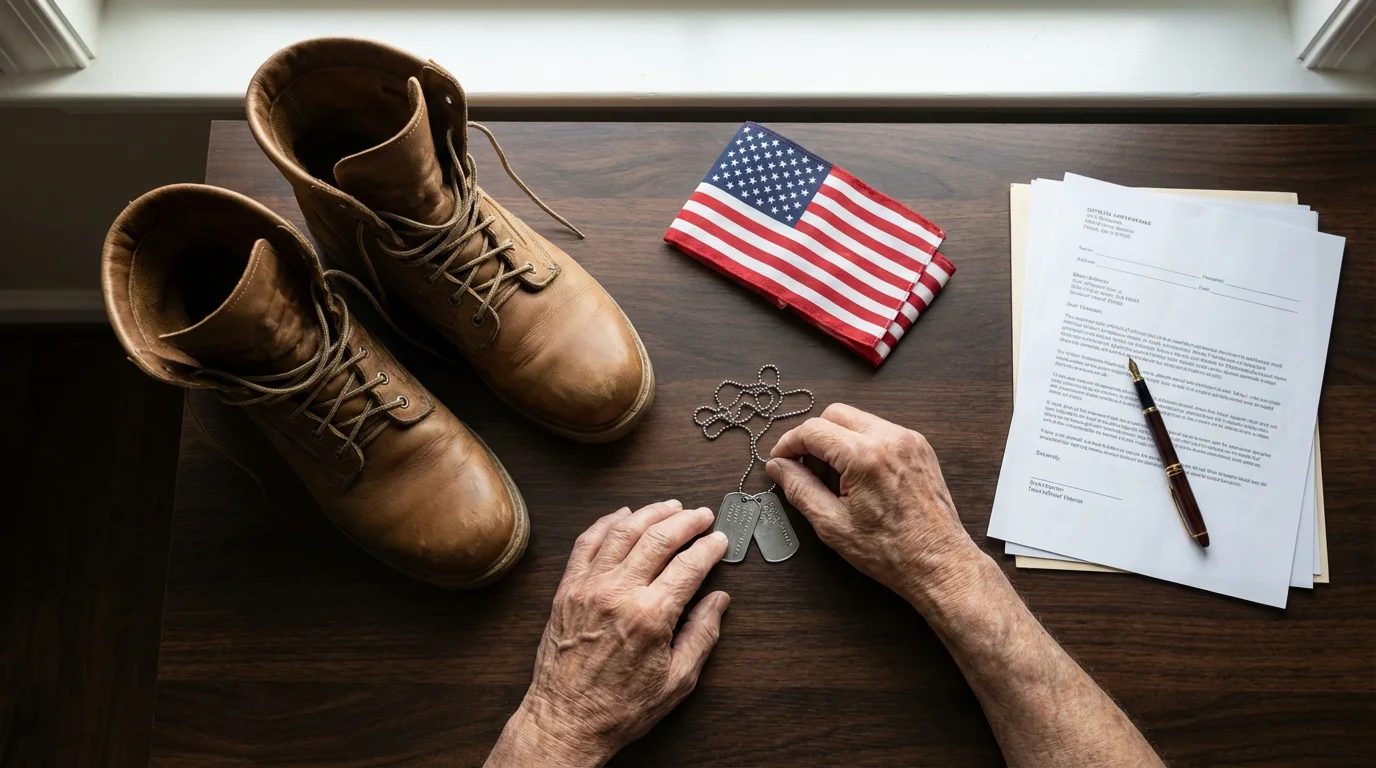 A flat lay of veteran's service items including combat boots, a flag, and documents.