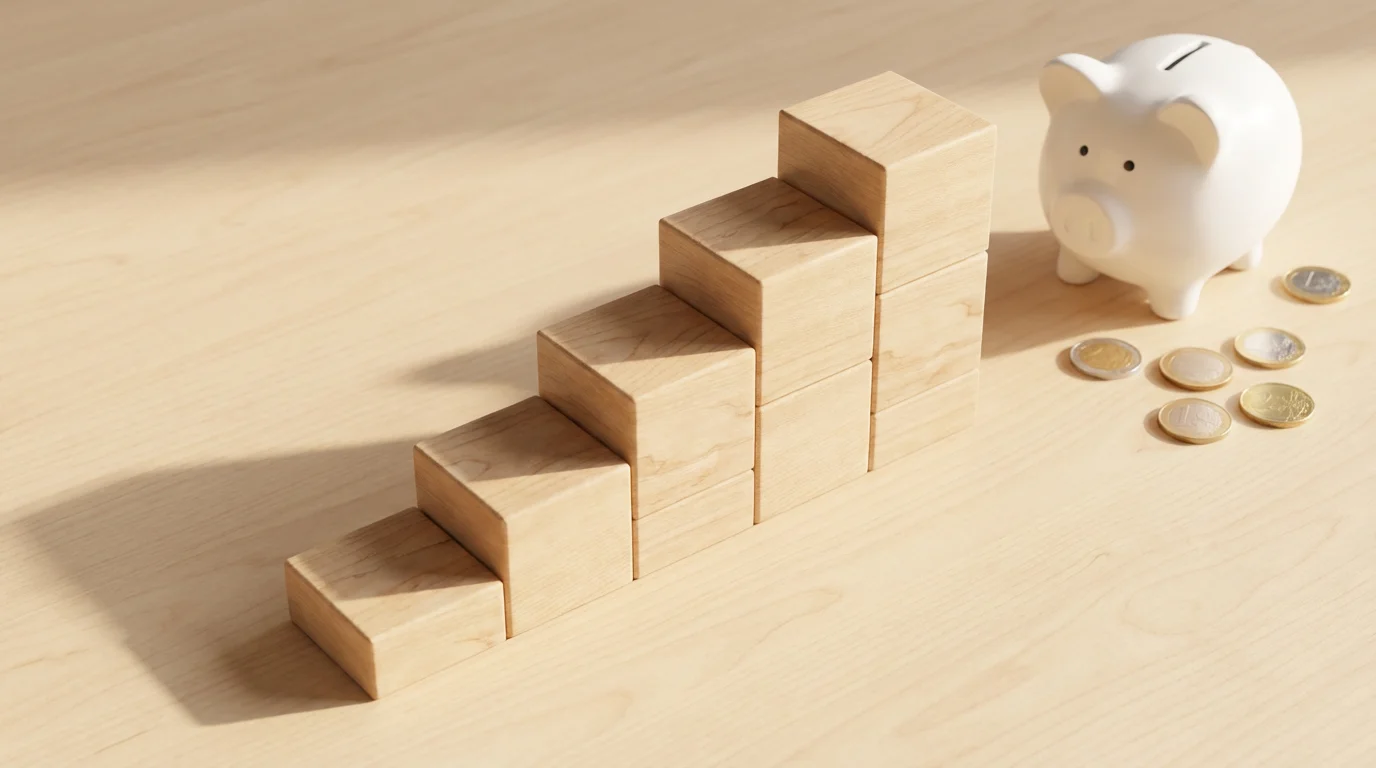 A flat lay of wooden blocks in ascending height representing financial income brackets.