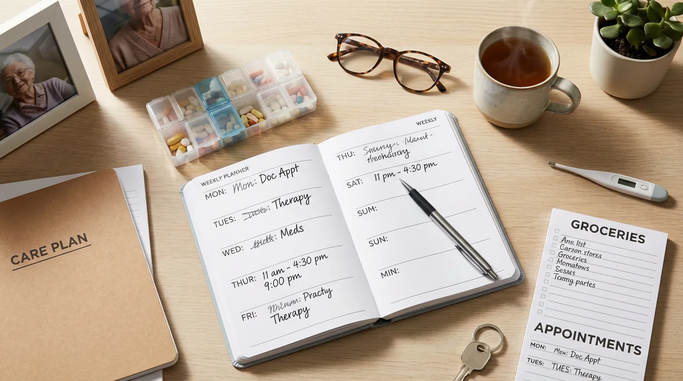 A flat lay photo of a caregiver's daily items including a planner and pill organizer.