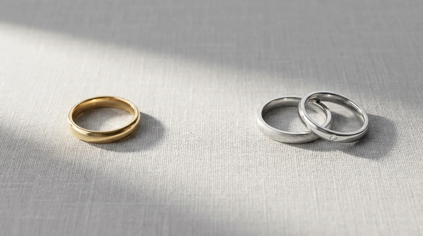 A flat lay photo showing a single gold ring separated from a pair of platinum rings.