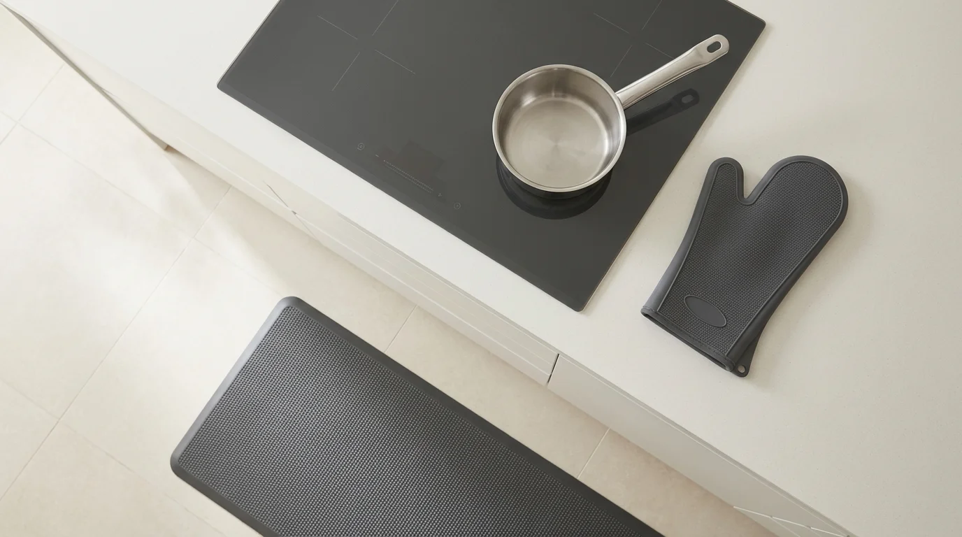A flat lay photograph of a safe kitchen with a pot handle turned inward.