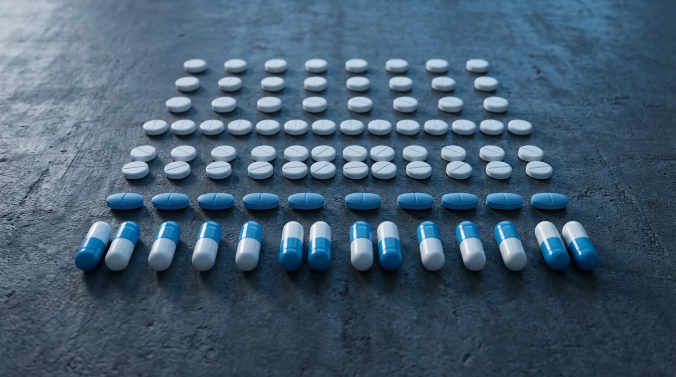 A flat lay photograph of different prescription pills arranged in neat rows by type.