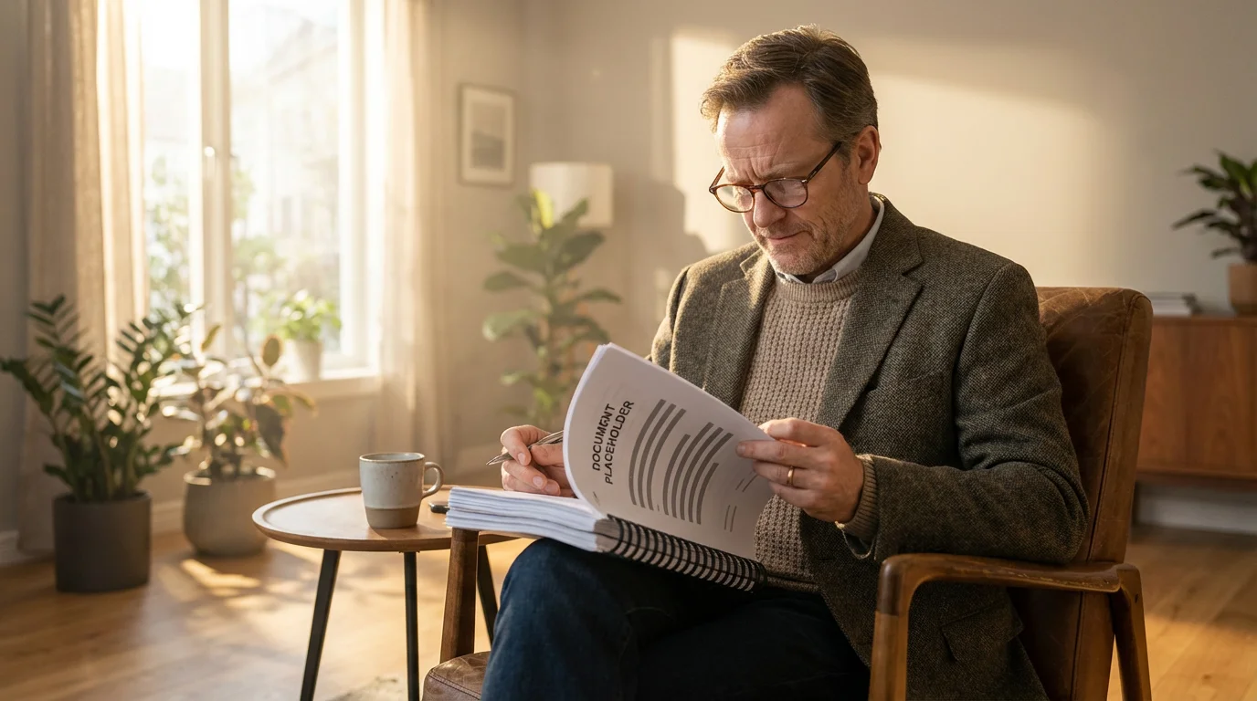 A focused man in an armchair carefully reviews a multi-page official document with a pen.