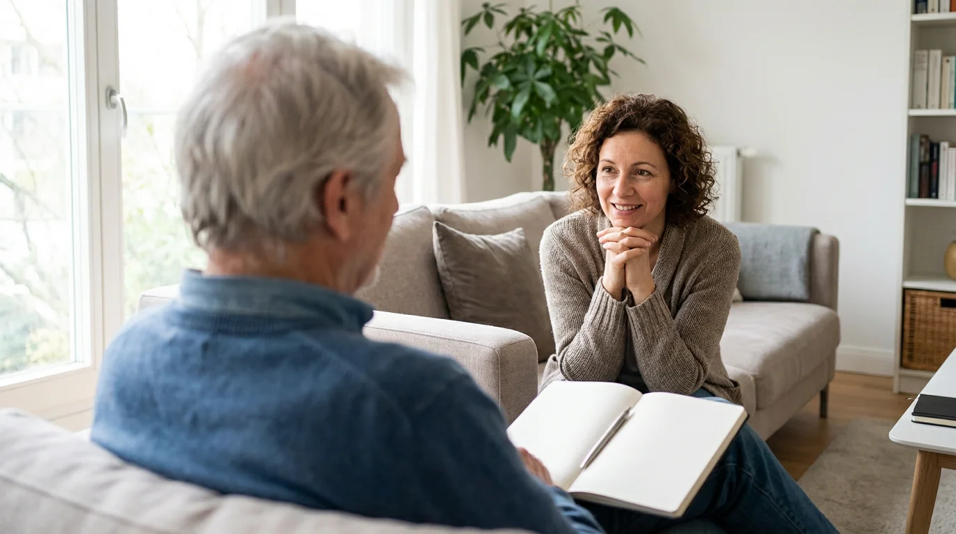 A grandfather and his adult daughter having a thoughtful conversation on a living room sofa.