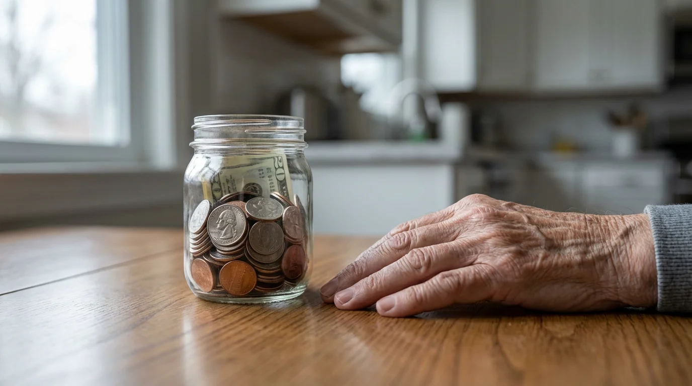 A half-full jar of retirement savings on a kitchen table next to an older person's hand.