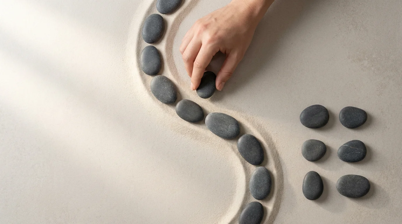A hand carefully building a path forward with smooth gray stones on clean white sand.