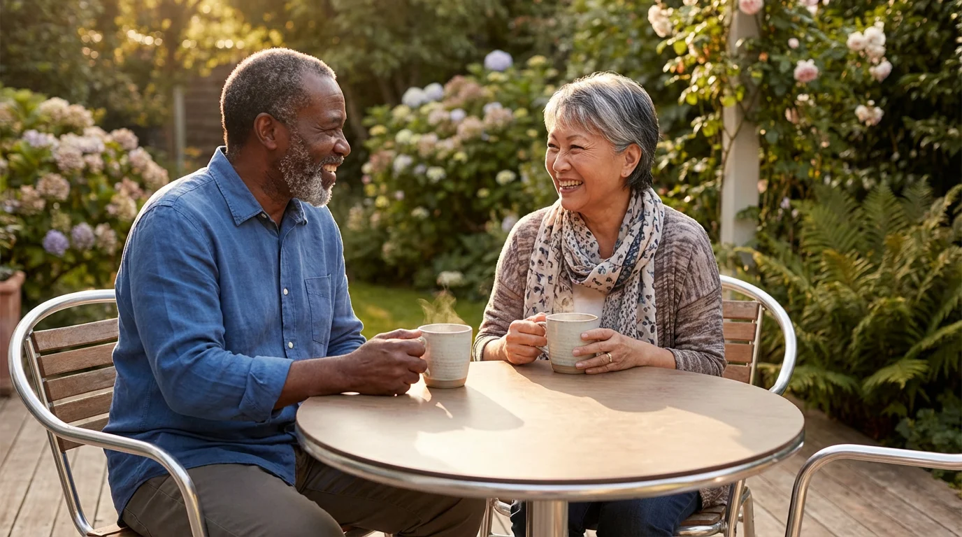 A happy retired couple enjoying coffee on their sunlit patio at golden hour.