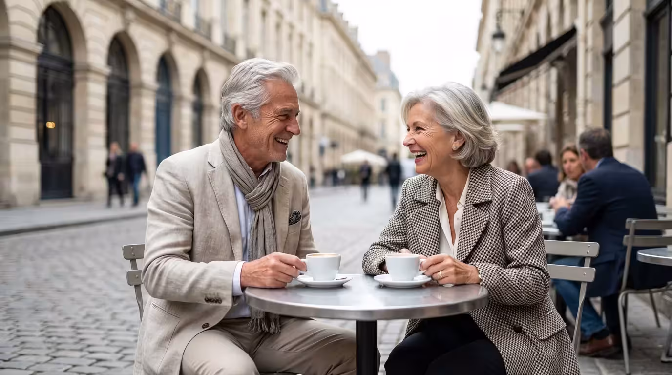 A happy senior couple enjoying coffee at an outdoor cafe during their international travels.