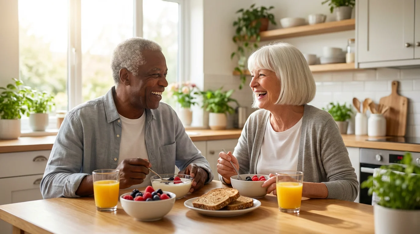 A happy senior couple enjoys a healthy breakfast in their sunlit modern kitchen.