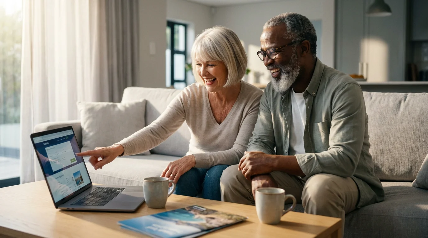 A happy senior couple joyfully books a vacation on a laptop at home.