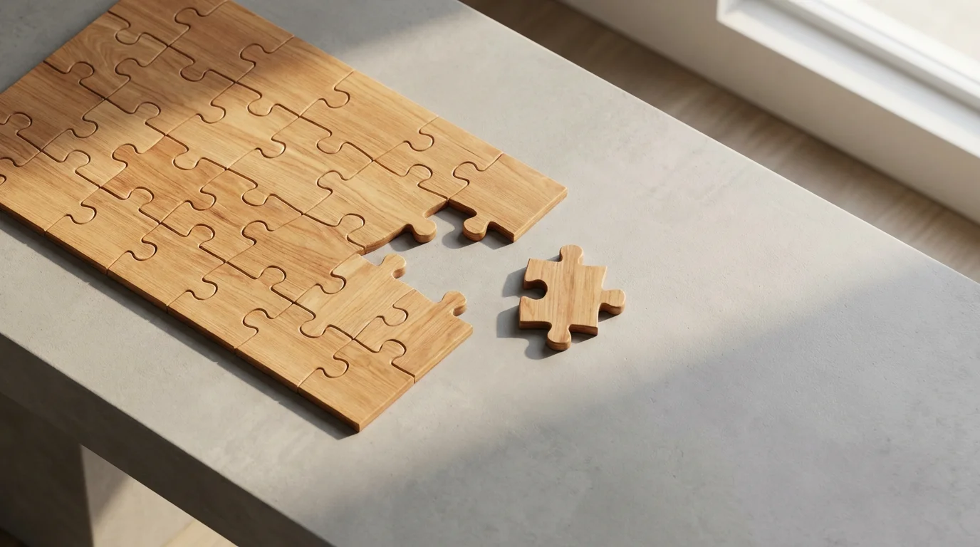 A high-angle flat lay of a wooden puzzle with one non-fitting piece set aside.