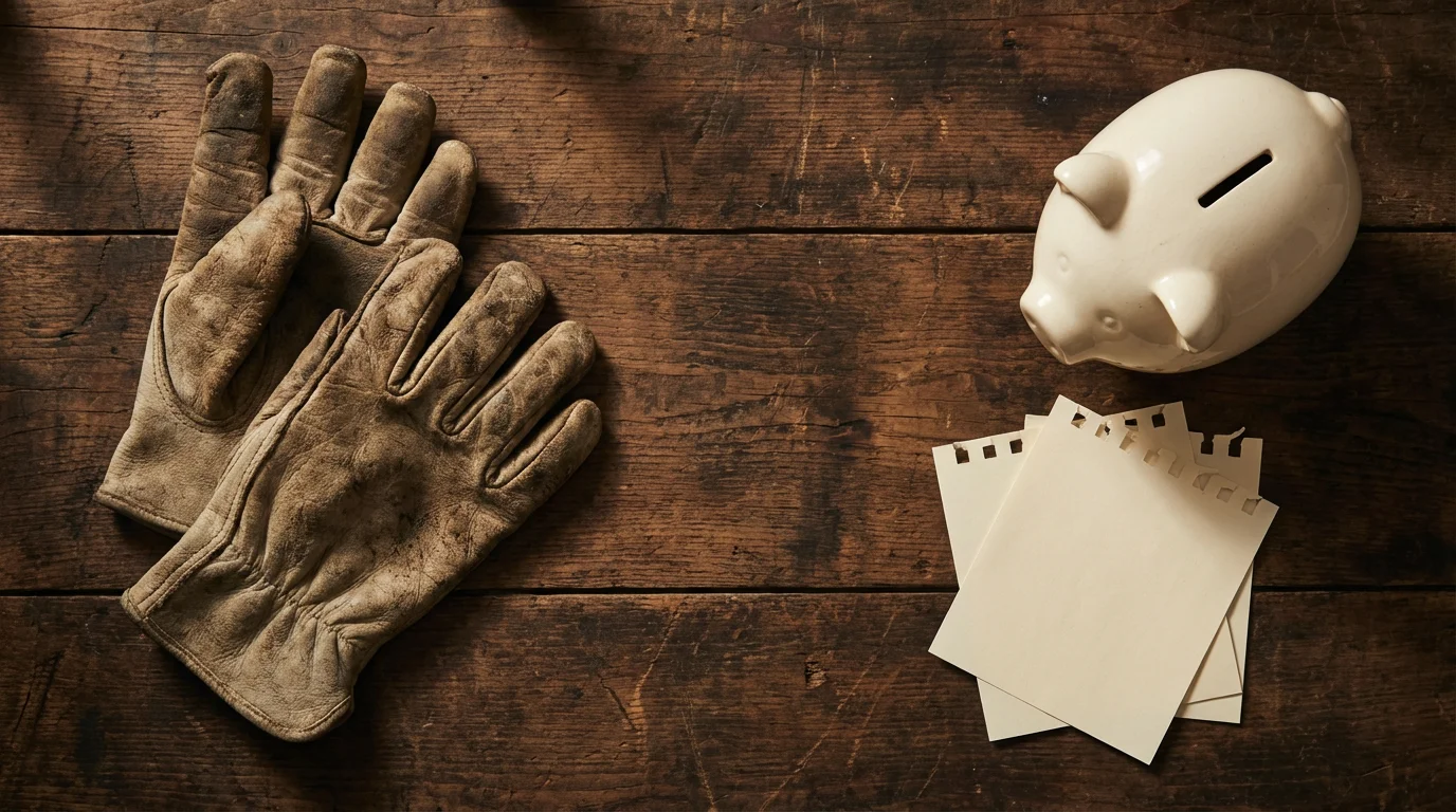 A high-angle flat lay of work gloves, a piggy bank, and calendar pages.