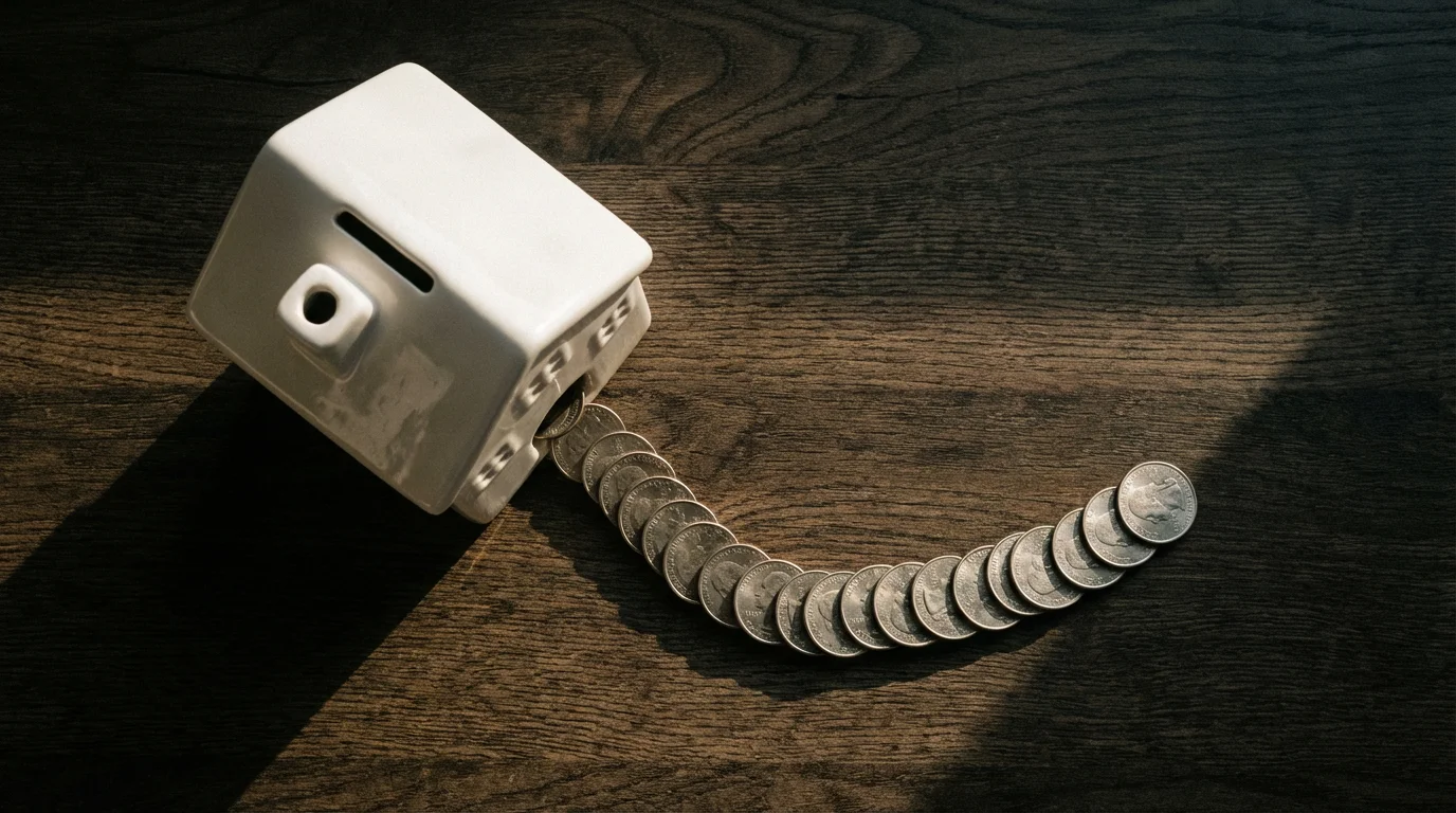 A house-shaped piggy bank on its side with coins spilling out, symbolizing reverse mortgage income.