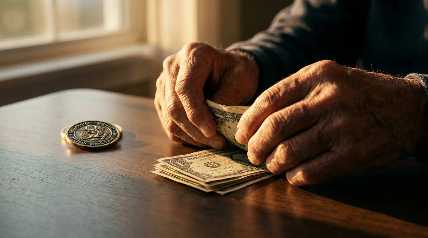 A low angle close-up of a senior veteran's hands counting dollar bills at sunset.