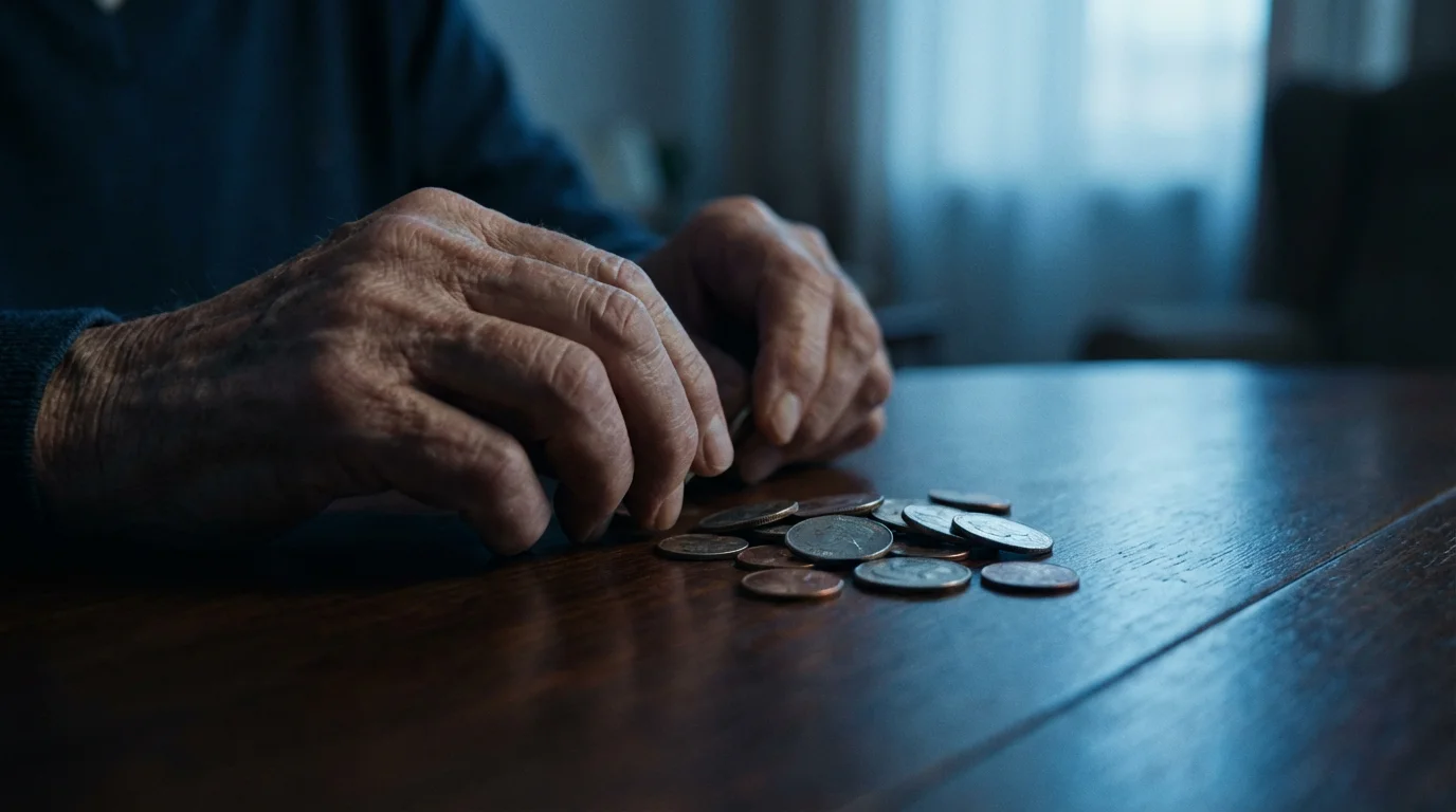 A low angle close-up of elderly hands counting a small pile of coins.