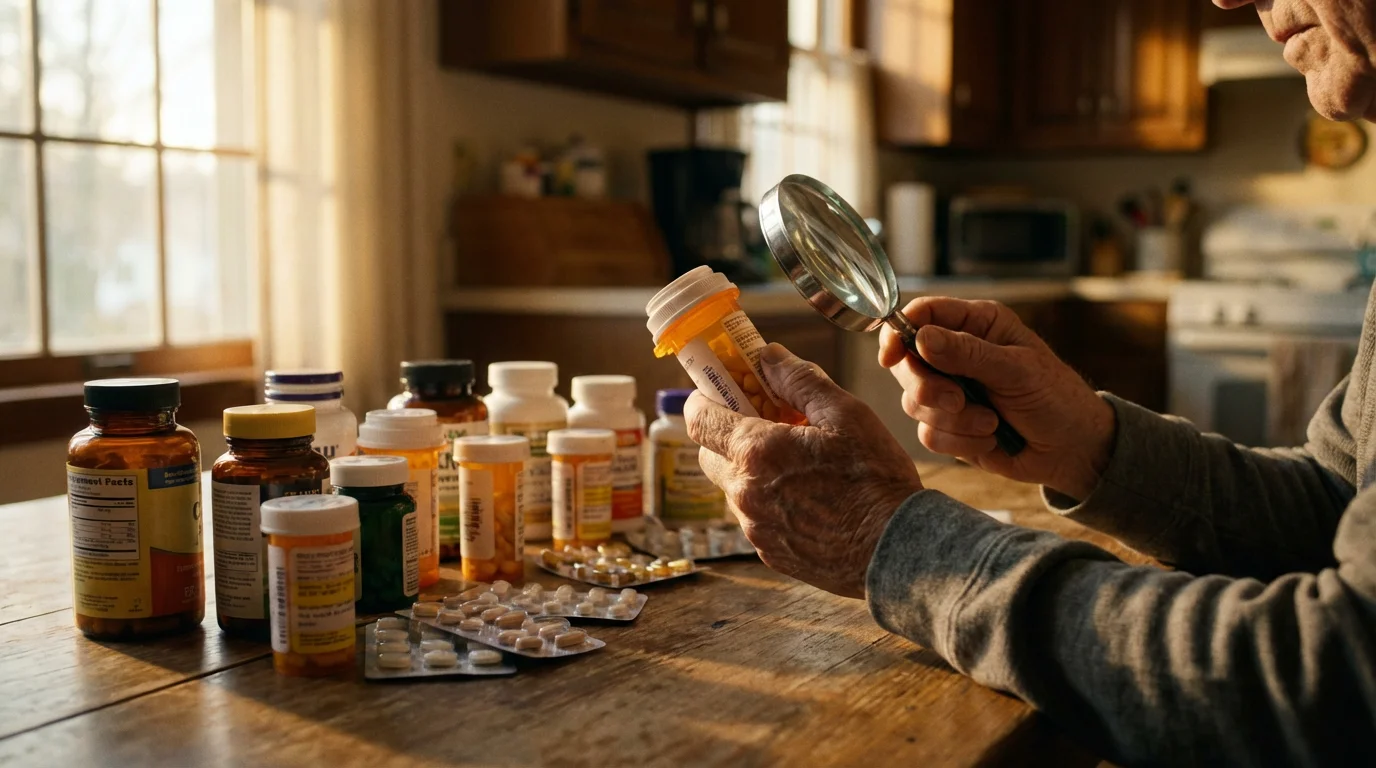 A low angle photograph of a senior's hands examining a pill bottle at a table.