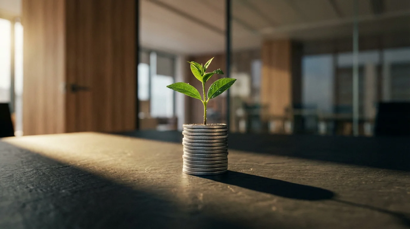 A low angle photograph of a small green plant sapling growing from a stack of silver coins.