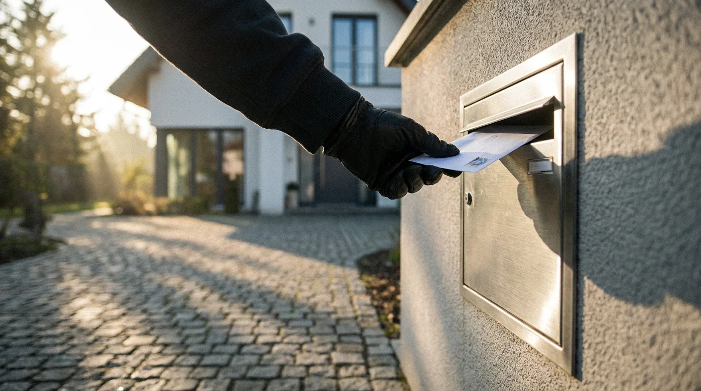 A low angle shot of a hand stealing a letter from a modern mailbox.