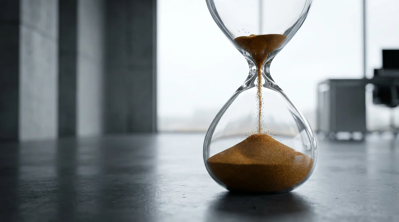 A low angle shot of a modern hourglass with sand nearly run out, symbolizing an important deadline.