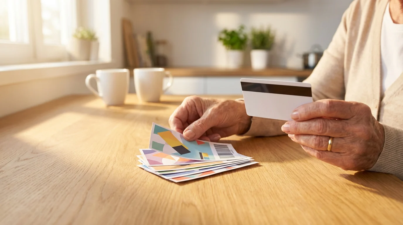 A low angle shot of an older person's hands organizing coupons and a store loyalty card.