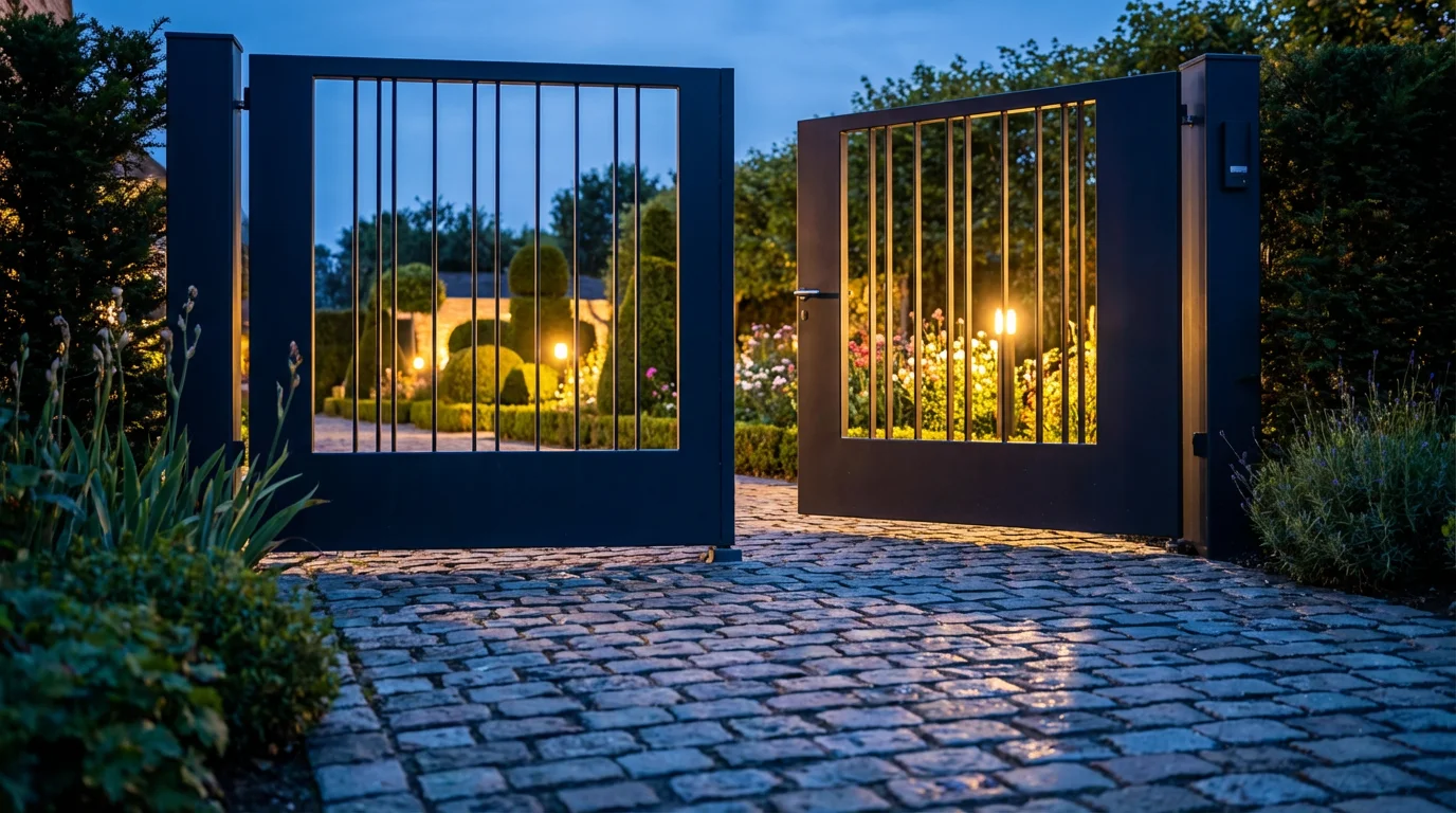 A low angle view of a garden path leading to a slightly open gate at twilight.