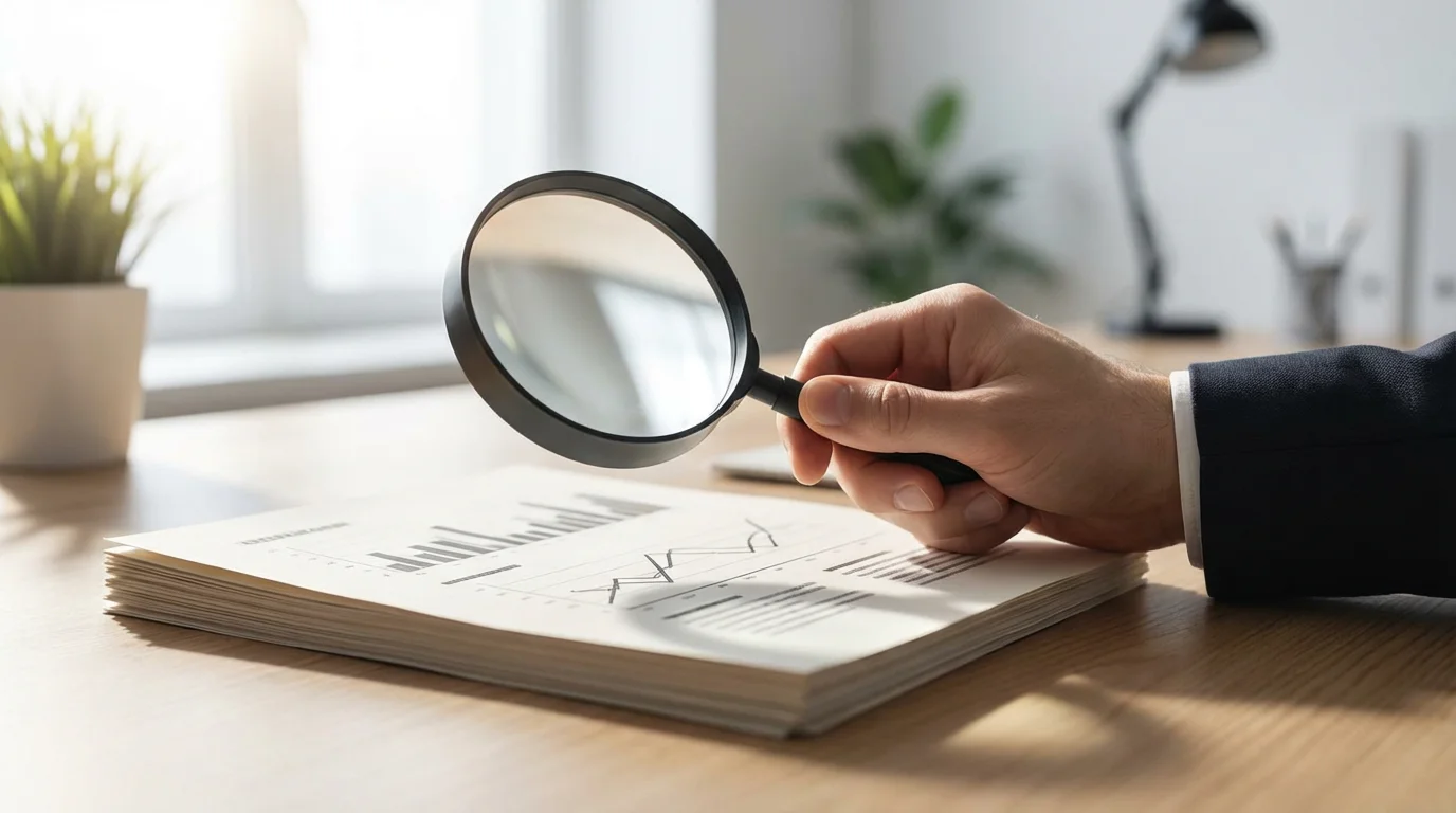 A low angle view of a hand holding a magnifying glass over documents, symbolizing review.