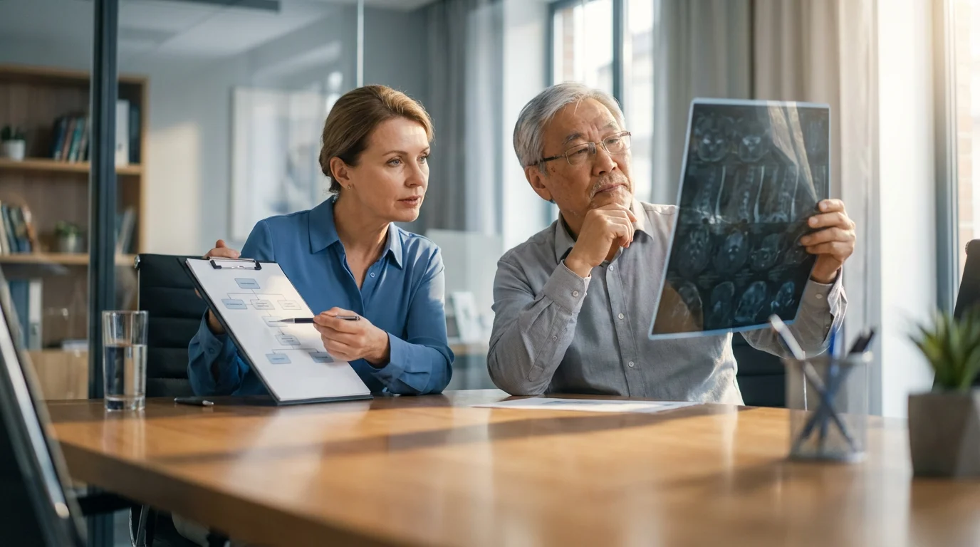 A low angle view of a medical consultant and examiner reviewing case files together.