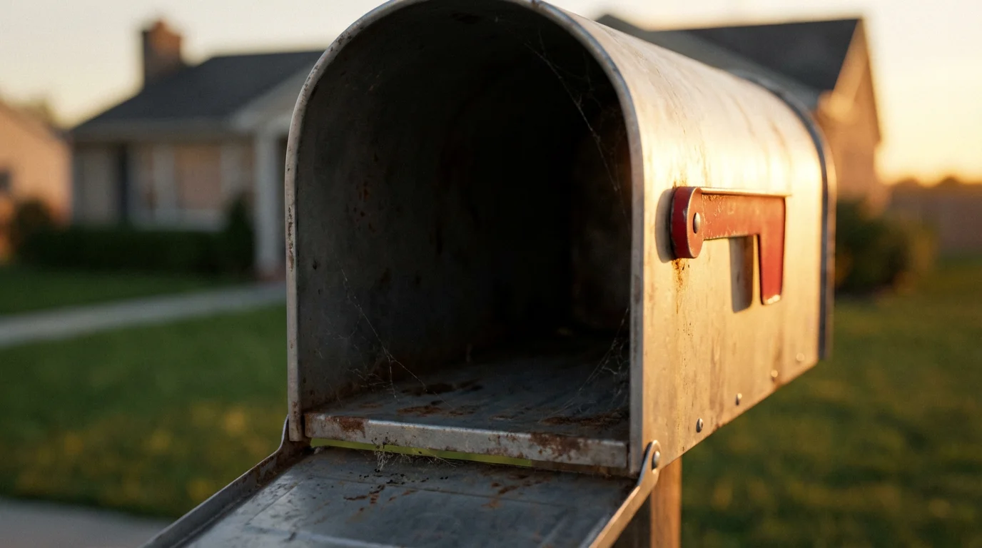 A low angle view of an open, empty mailbox at the end of a driveway during a warm sunset.