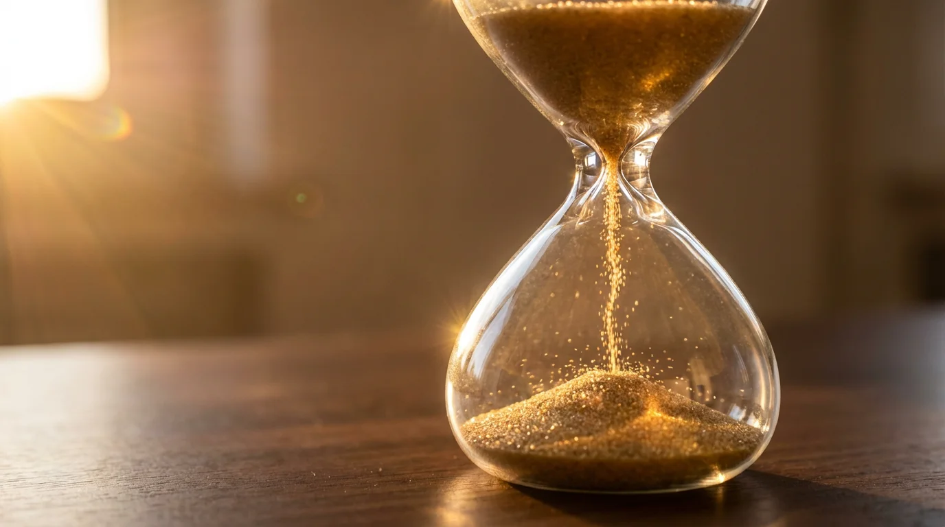 A macro photo of sand falling through an elegant glass hourglass in warm sunlight.