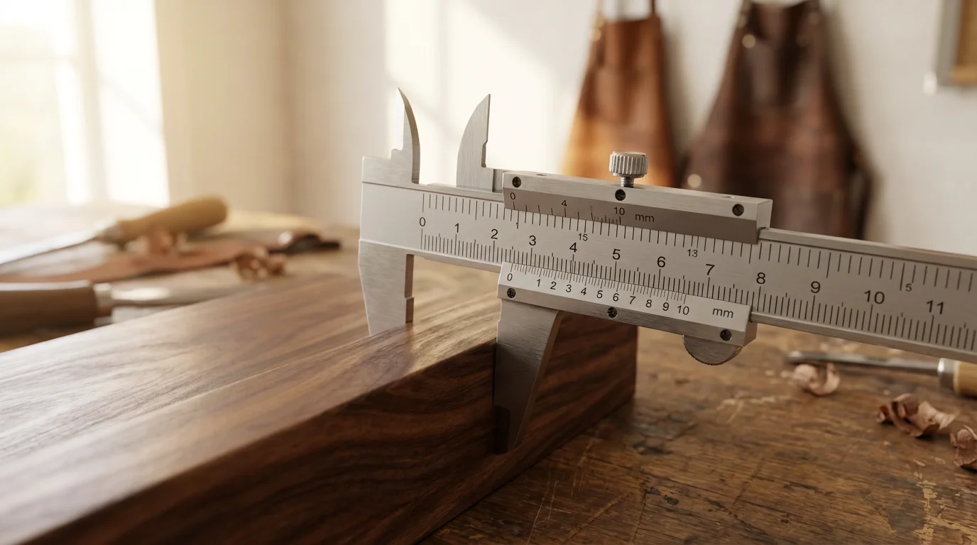 A macro photograph of a caliper measuring a piece of wood on a workbench.