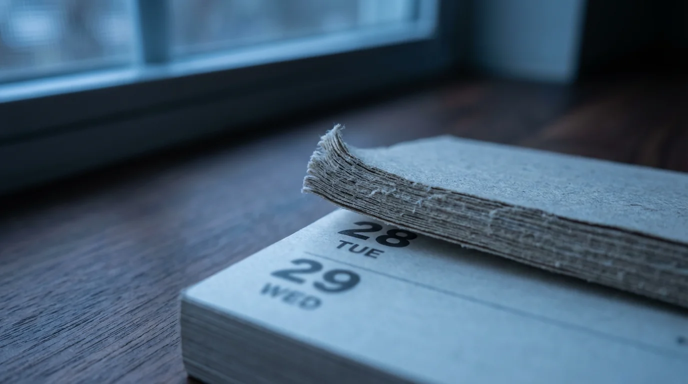 A macro photograph of a desk calendar's pages turning during blue hour twilight.