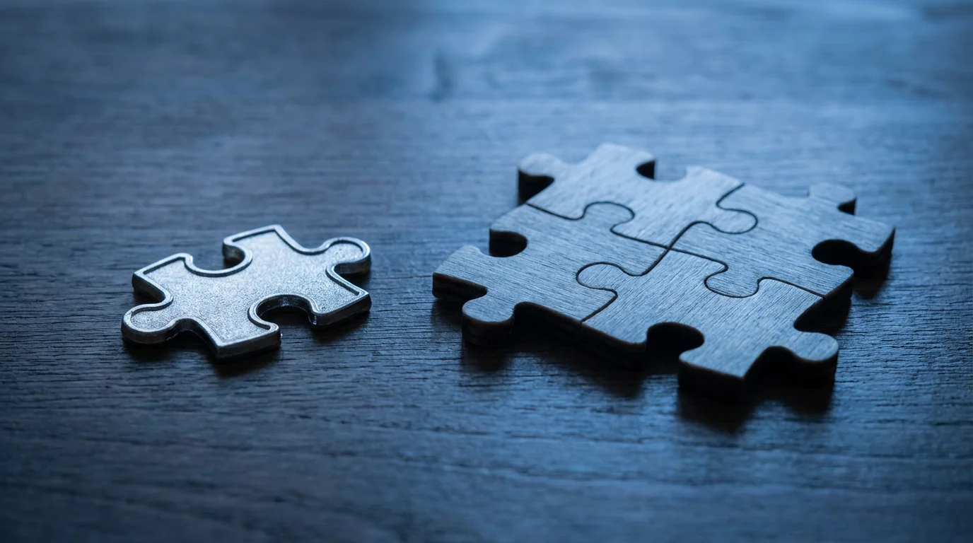 A macro photograph of a single puzzle piece next to a completed small puzzle.