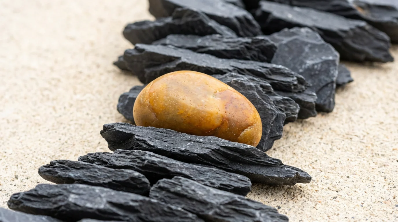 A macro photograph showing a single smooth, warm stone among a row of rough grey ones.