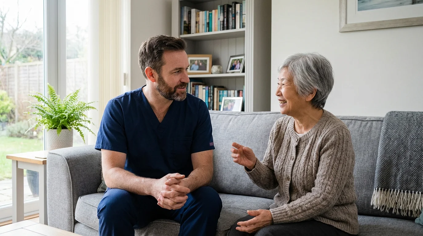 A male home health nurse talks with an elderly woman on her living room sofa.
