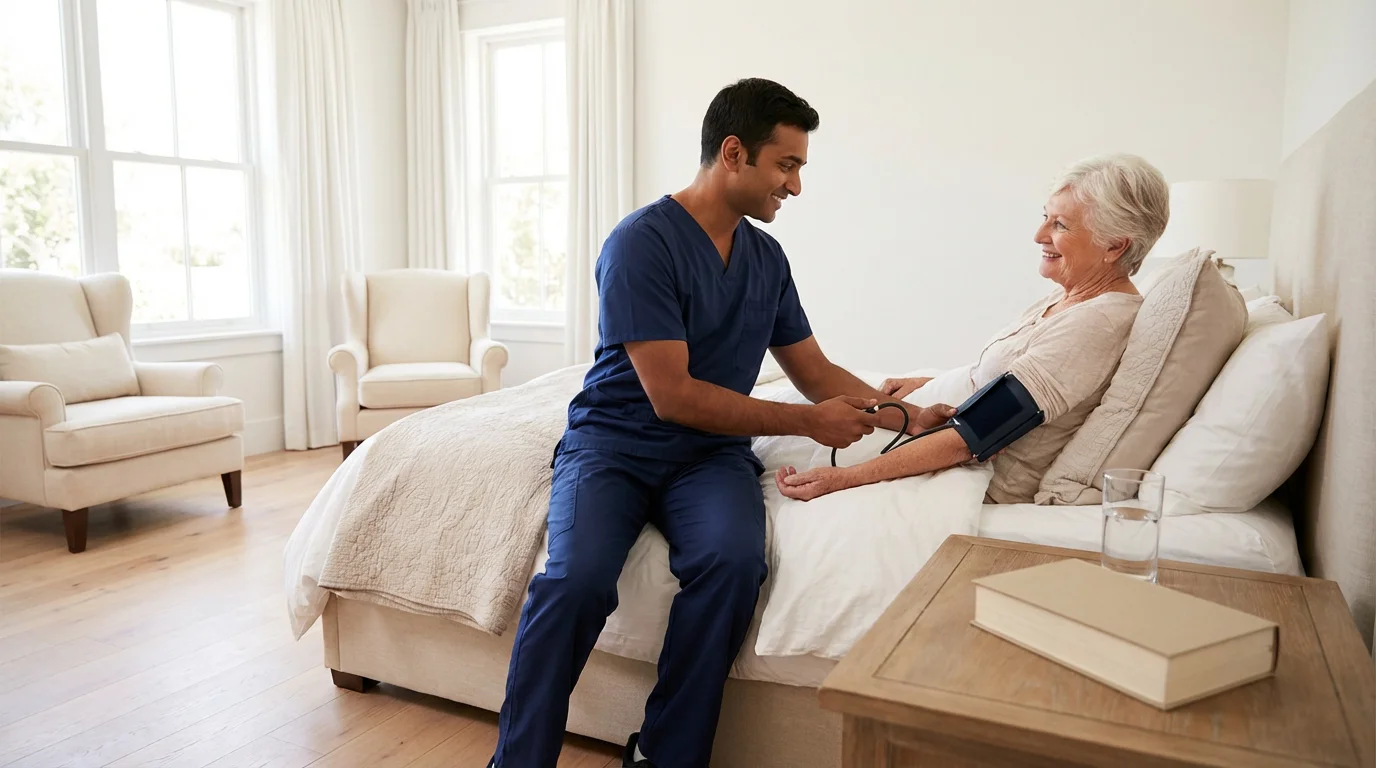 A male nurse provides skilled in-home healthcare to an elderly woman in a sunlit bedroom.