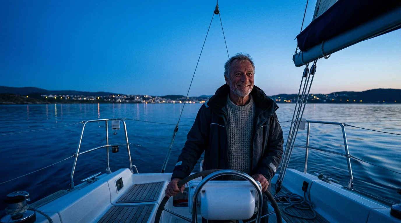 A man in his early sixties sailing a boat on a calm bay at twilight.