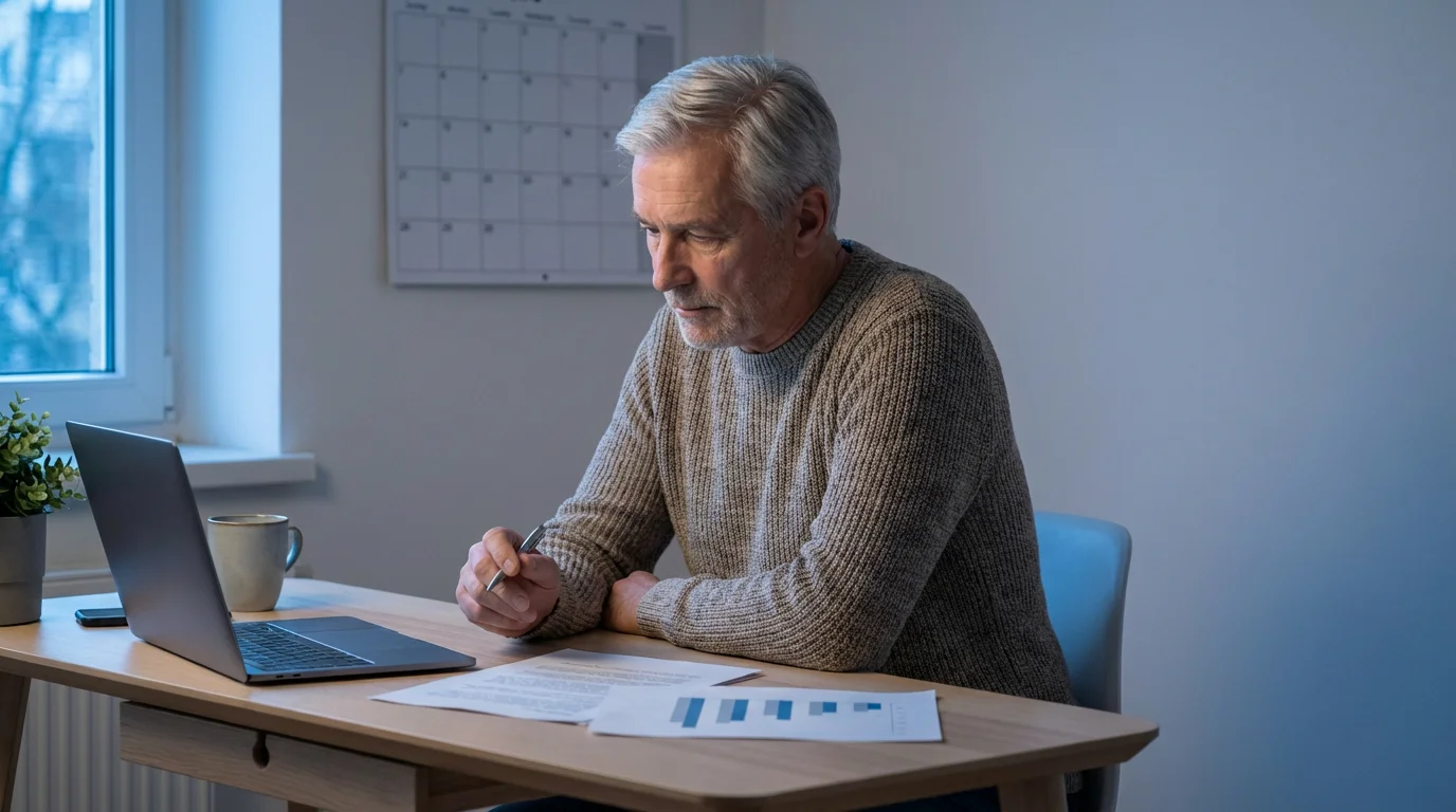 A man reviews Medicare documents at his desk during the evening blue hour.