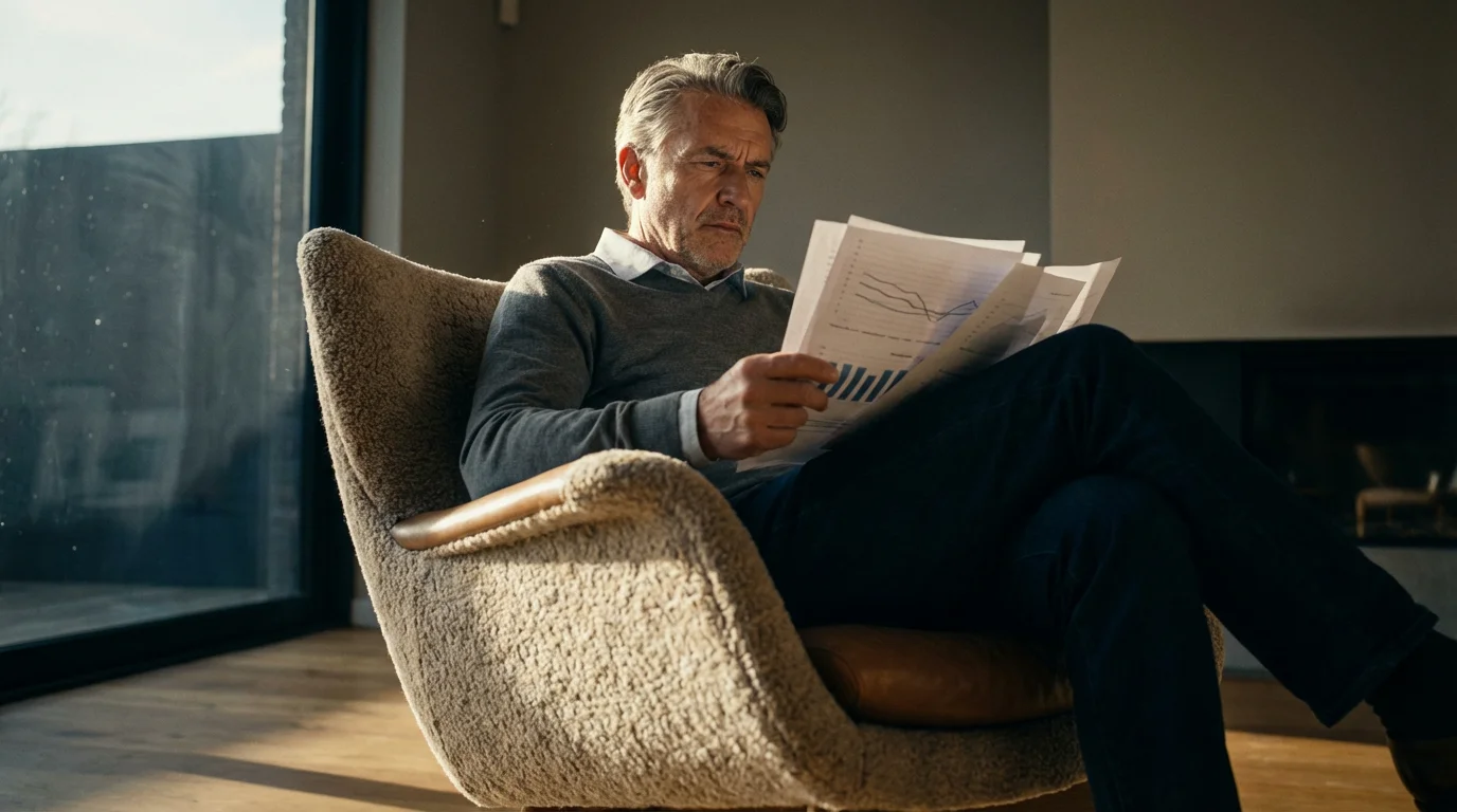 A man sits in an armchair in the afternoon sun, reviewing his financial records.