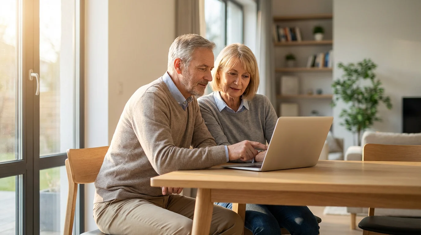 A mature couple at a dining table with a laptop, planning their long-term future.